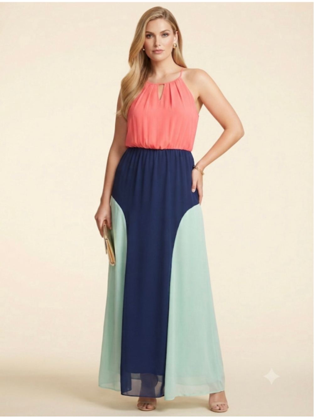 Maxi Dress XL Coral Blue Mint Colorblock